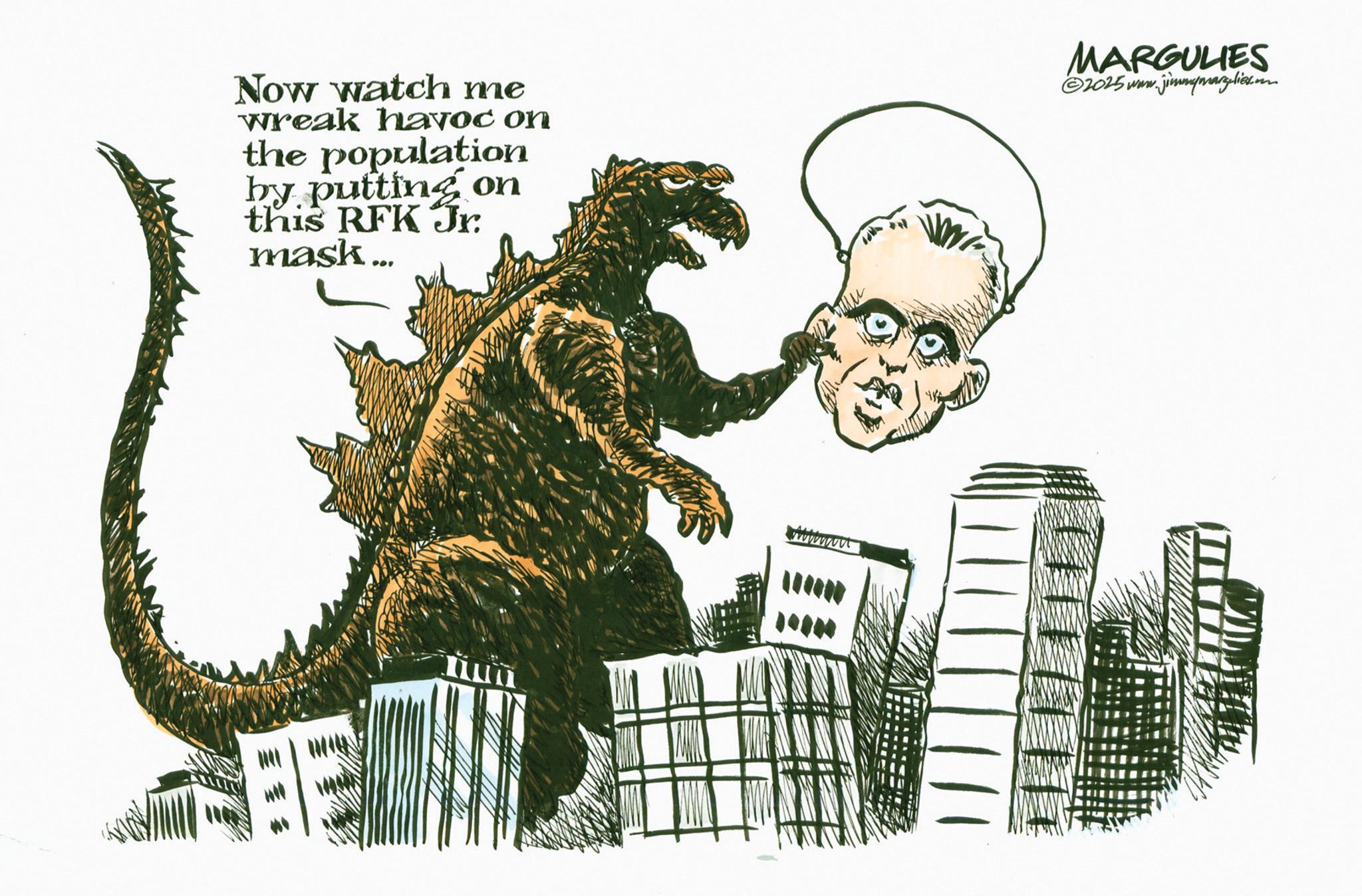 Animated cartoon OCR: Now watch me wreak havoc on the population by putting on this RFK Jr. mask... MARGULIES ©2025 www.jimmymarglican wwwwwww Now watch me wreak havoc on the population by putting on this RFK Jr. mask ... MARGULIES © 2025 www.jimmymarglican wwwwwww