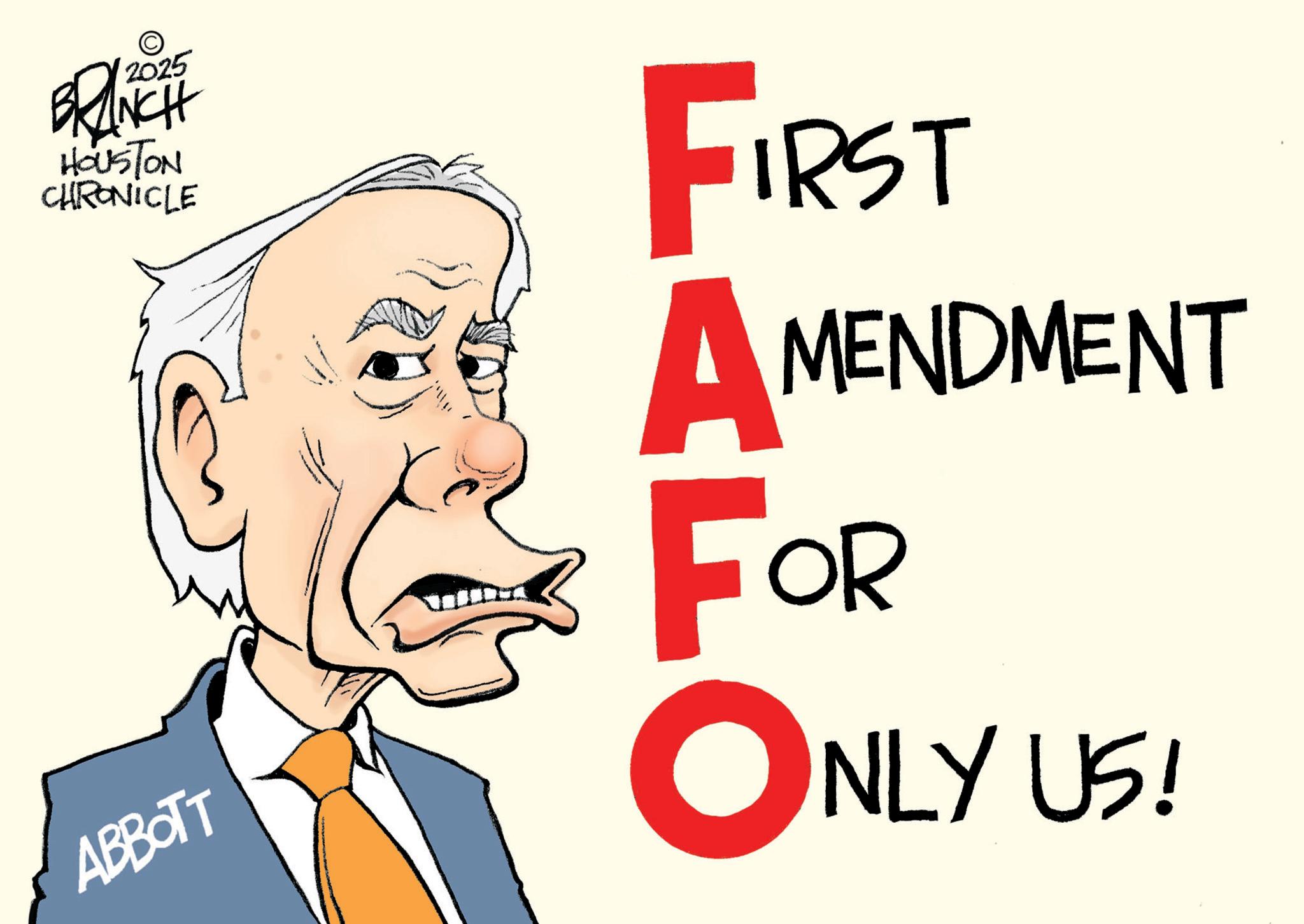 Animated cartoon OCR: © BRANCH HOUSTON CHRONICLE ABBOTT FIRST AMENDMENT FOR ?NLY US! © BRANCH HOUSTON CHRONICLE ABBOTT FIRST AMENDMENT FOR ? NLY US !