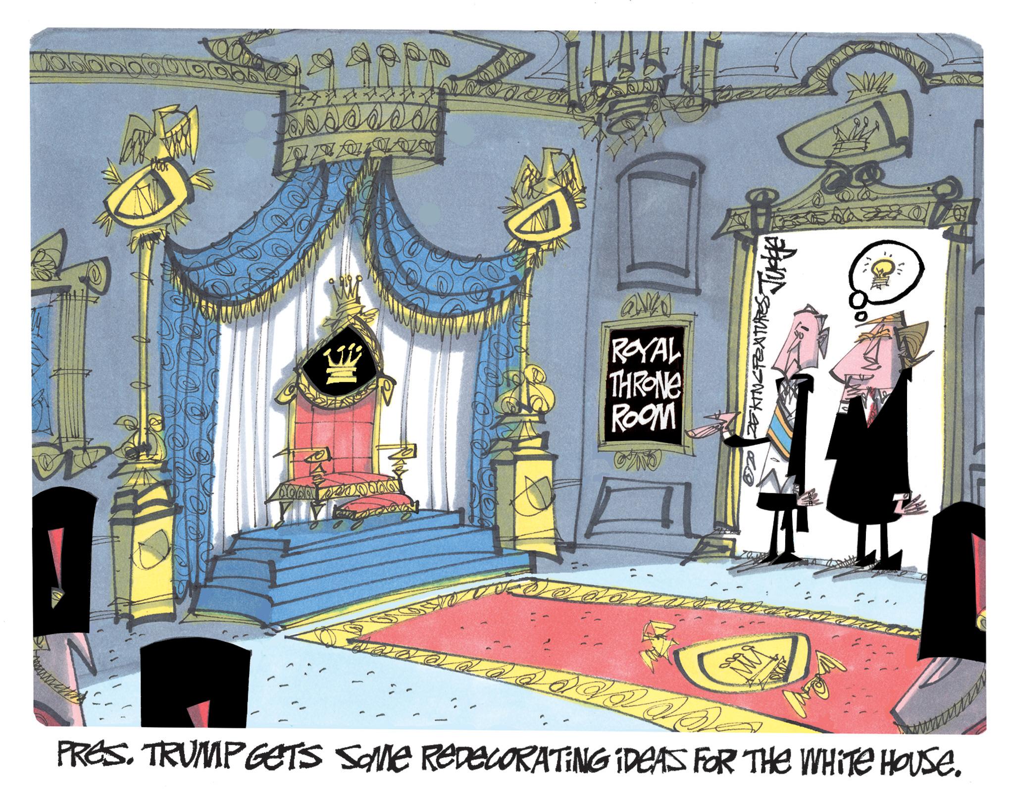 Graphic design OCR: G aw ROYAL THRONE ROOM - 3 AM PRES. TRUMP GETS Same ReDECORATING IDEAS FOR THE WHITE HOUSE. G aw ROYAL THRONE ROOM - 3 AM PRES . TRUMP GETS Same ReDECORATING IDEAS FOR THE WHITE HOUSE .
