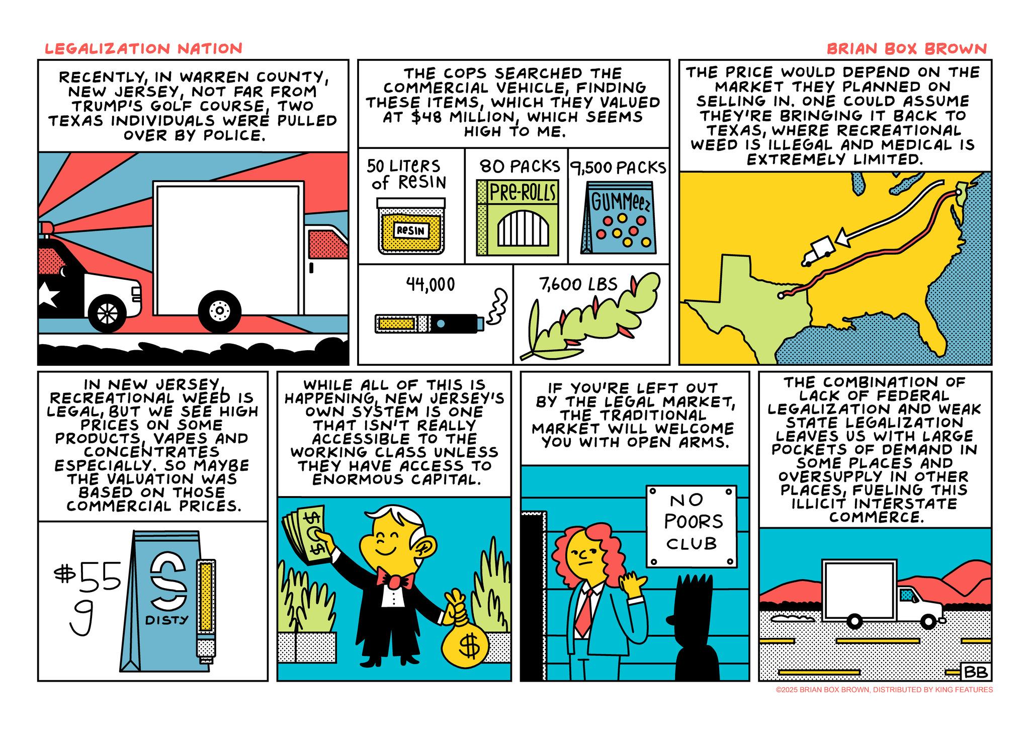 Comics OCR: LEGALIZATION NATION RECENTLYNOT FAR FROM TRUMP'S GOLF COURSETWO TEXAS INDIVIDUALS WERE PULLED OVER BY POLICE. THE COPS SEARCHED THE COMMERCIAL VEHICLEFINDING THESE ITEMSWHICH THEY VALUED AT $48 MILLIONWHICH SEEMS HIGH TO ME. 50 LITERS of RESIN 80 PACKS 9500 PACKS PRE-ROLLS GUMMee BRIAN BOX BROWN THE PRICE WOULD DEPEND ON THE MARKET THEY PLANNED ON SELLING IN. ONE COULD ASSUME THEY'RE BRINGING IT BACK TO TEXASWHERE RECREATIONAL WEED IS ILLEGAL AND MEDICAL IS EXTREMELY LIMITED. RESIN 44000 7600 LBS IN NEW JERSEYRECREATIONAL WEED IS LEGALBUT WE SEE HIGH PRICES ON SOME PRODUCTSVAPES AND CONCENTRATES ESPECIALLY. SO MAYBE THE VALUATION WAS BASED ON THOSE COMMERCIAL PRICES. WHILE ALL OF THIS IS HAPPENINGNEW JERSEY'S OWN SYSTEM IS ONE THAT ISN'T REALLY ACCESSIBLE TO THE WORKING CLASS UNLESS THEY HAVE ACCESS TO ENORMOUS CAPITAL. www IF YOU'RE LEFT OUT BY THE LEGAL MARKETTHE TRADITIONAL MARKET WILL WELCOME YOU WITH OPEN ARMS. NO POORS CLUB THE COMBINATION OF LACK OF FEDERAL LEGALIZATION AND WEAK STATE LEGALIZATION LEAVES US WITH LARGE POCKETS OF DEMAND IN SOME PLACES AND OVERSUPPLY IN OTHER PLACESFUELING THIS ILLICIT INTERSTATE COMMERCE. $55 ? DISTY $ BB ©2025 BRIAN BOX BROWNDISTRIBUTED BY KING FEATURES LEGALIZATION NATION RECENTLYIN WARREN COUNTYNEW JERSEYNOT FAR FROM TRUMP'S GOLF COURSETWO TEXAS INDIVIDUALS WERE PULLED OVER BY POLICE . THE COPS SEARCHED THE COMMERCIAL VEHICLEFINDING THESE ITEMSWHICH THEY VALUED AT $ 48 MILLIONWHICH SEEMS HIGH TO ME . 50 LITERS of RESIN 80 PACKS 9500 PACKS PRE - ROLLS GUMMee BRIAN BOX BROWN THE PRICE WOULD DEPEND ON THE MARKET THEY PLANNED ON SELLING IN . ONE COULD ASSUME THEY'RE BRINGING IT BACK TO TEXASWHERE RECREATIONAL WEED IS ILLEGAL AND MEDICAL IS EXTREMELY LIMITED . RESIN 44000 7600 LBS IN NEW JERSEYRECREATIONAL WEED IS LEGALBUT WE SEE HIGH PRICES ON SOME PRODUCTSVAPES AND CONCENTRATES ESPECIALLY . SO MAYBE THE VALUATION WAS BASED ON THOSE COMMERCIAL PRICES . WHILE ALL OF THIS IS HAPPENINGNEW JERSEY'S OWN SYSTEM IS ONE THAT ISN'T REALLY ACCESSIBLE TO THE WORKING CLASS UNLESS THEY HAVE ACCESS TO ENORMOUS CAPITAL . www IF YOU'RE LEFT OUT BY THE LEGAL MARKETTHE TRADITIONAL MARKET WILL WELCOME YOU WITH OPEN ARMS . NO POORS CLUB THE COMBINATION OF LACK OF FEDERAL LEGALIZATION AND WEAK STATE LEGALIZATION LEAVES US WITH LARGE POCKETS OF DEMAND IN SOME PLACES AND OVERSUPPLY IN OTHER PLACESFUELING THIS ILLICIT INTERSTATE COMMERCE . $ 55 ? DISTY $ BB © 2025 BRIAN BOX BROWNDISTRIBUTED BY KING FEATURES