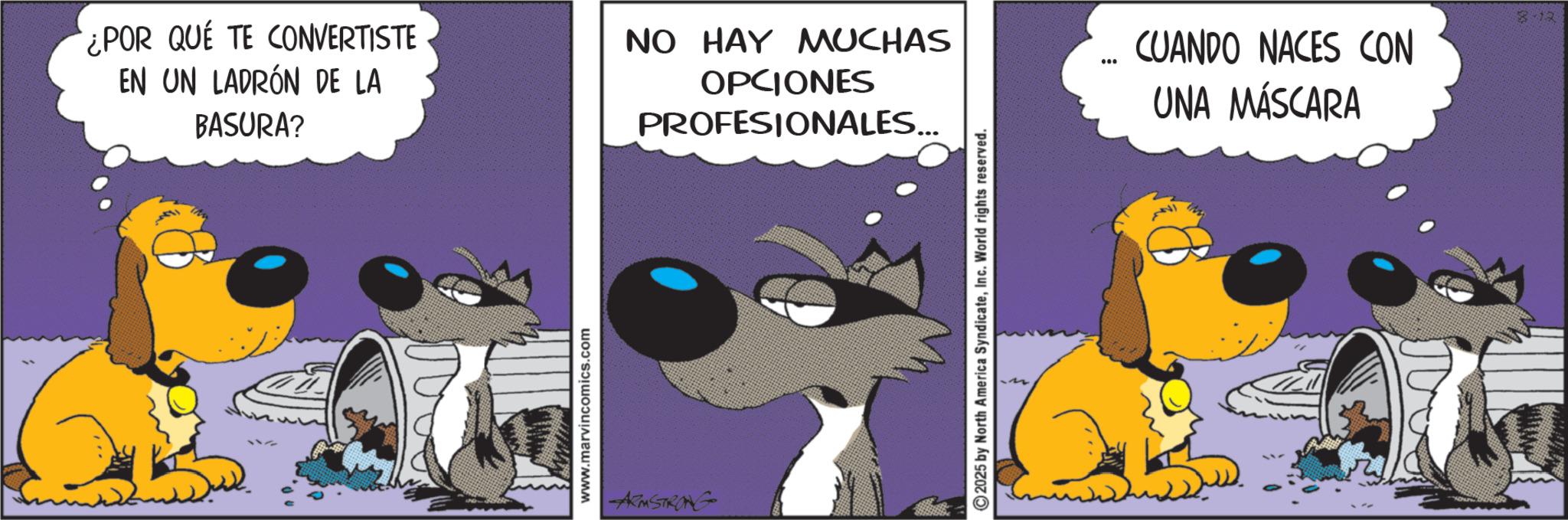 Graphics OCR: ¿POR QUÉ TE CONVERTISTE EN UN LADRÓN DE LA BASURA? www.marvincomics.com ARMSTRONG NO HAY MUCHAS OPCIONES PROFESIONALES... 2025 by North America SyndicateInc. World rights reserved. *** CUANDO NACES CON UNA MÁSCARA 8.12 ¿ POR QUÉ TE CONVERTISTE EN UN LADRÓN DE LA BASURA ? www.marvincomics.com ARMSTRONG NO HAY MUCHAS OPCIONES PROFESIONALES ... 2025 by North America SyndicateInc. World rights reserved . *** CUANDO NACES CON UNA MÁSCARA 8.12