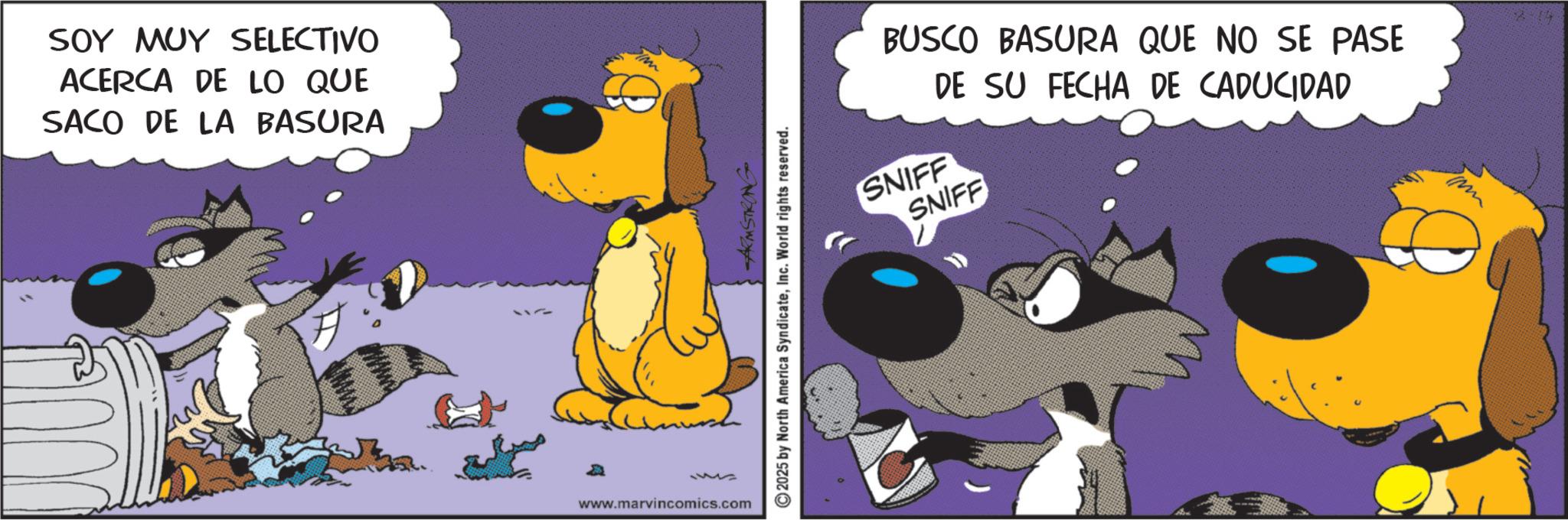 Comic book OCR: SOY MUY SELECTIVO ACERCA DE LO QUE SACO DE LA BASURA In A 112 www.marvincomics.com 2025 by North America SyndicateInc. World rights reserved. BUSCO BASURA QUE NO SE PASE DE SU FECHA DE CADUCIDAD SNIFF SNIFF SOY MUY SELECTIVO ACERCA DE LO QUE SACO DE LA BASURA In A 112 www.marvincomics.com 2025 by North America SyndicateInc. World rights reserved . BUSCO BASURA QUE NO SE PASE DE SU FECHA DE CADUCIDAD SNIFF SNIFF
