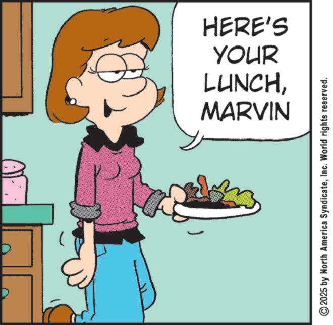 Animated cartoon OCR: MARVIN LUNCHYOUR HERE'S ©2025 by North America SyndicateInc. World rights reserved. MARVIN LUNCHYOUR HERE'S © 2025 by North America SyndicateInc. World rights reserved .