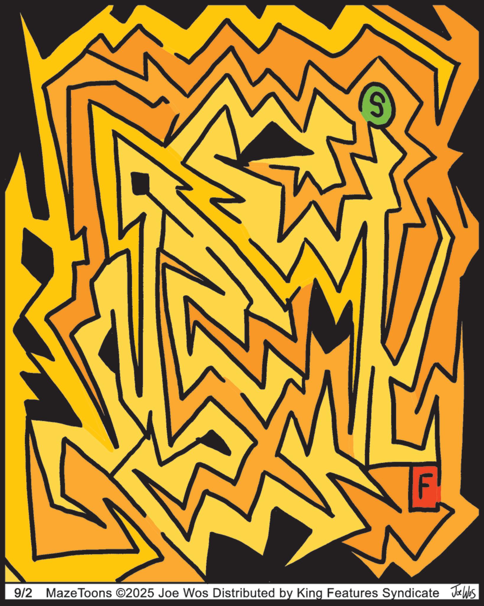 Graphic design OCR: 9/2 Maze Toons ©2025 Joe Wos Distributed by King Features Syndicate Joe Was 9/2 Maze Toons © 2025 Joe Wos Distributed by King Features Syndicate Joe Was