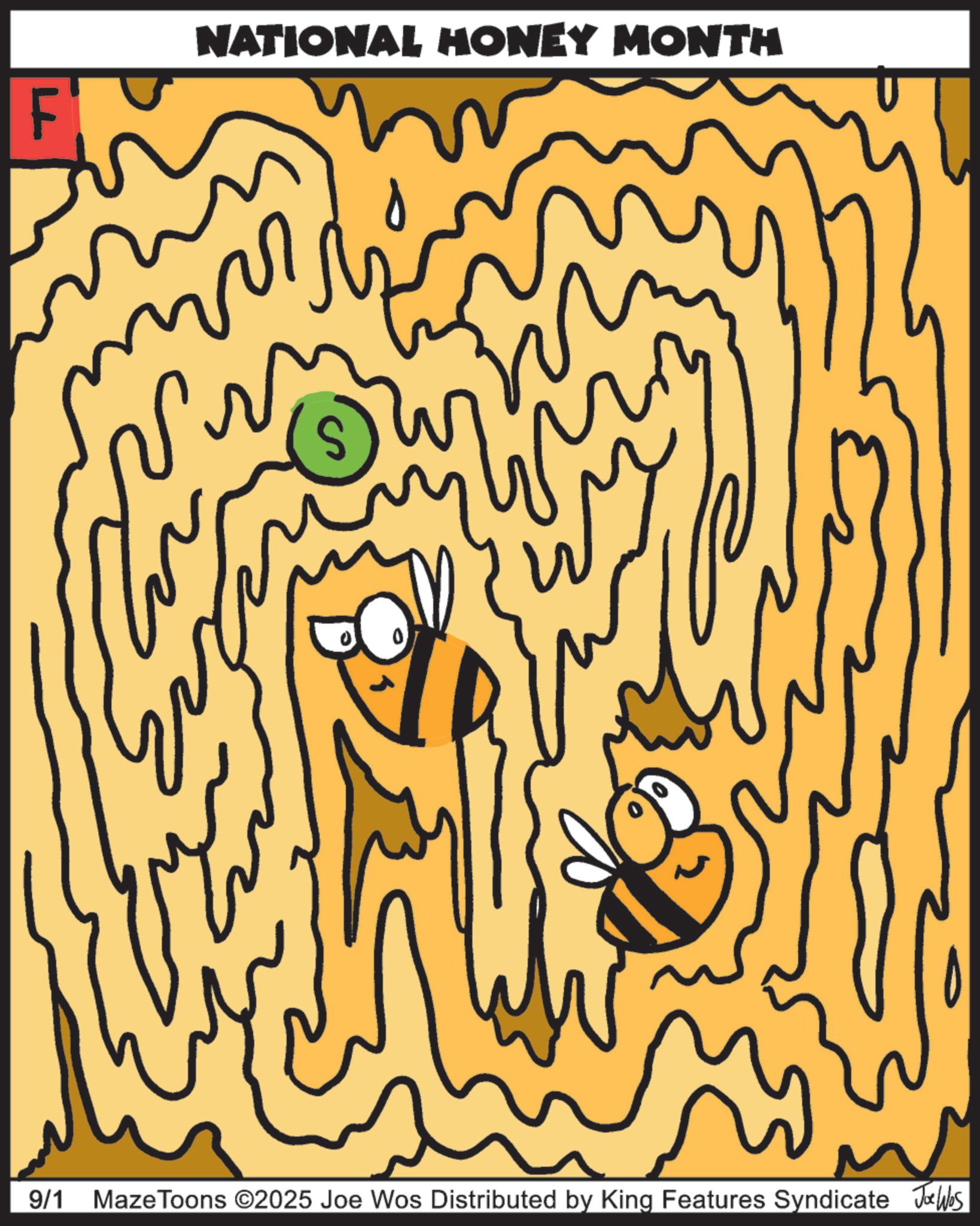 Graphic design OCR: F NATIONAL HONEY MONTH W 9/1 Maze Toons ©2025 Joe Wos Distributed by King Features Syndicate Joe Wes F NATIONAL HONEY MONTH W 9/1 Maze Toons © 2025 Joe Wos Distributed by King Features Syndicate Joe Wes