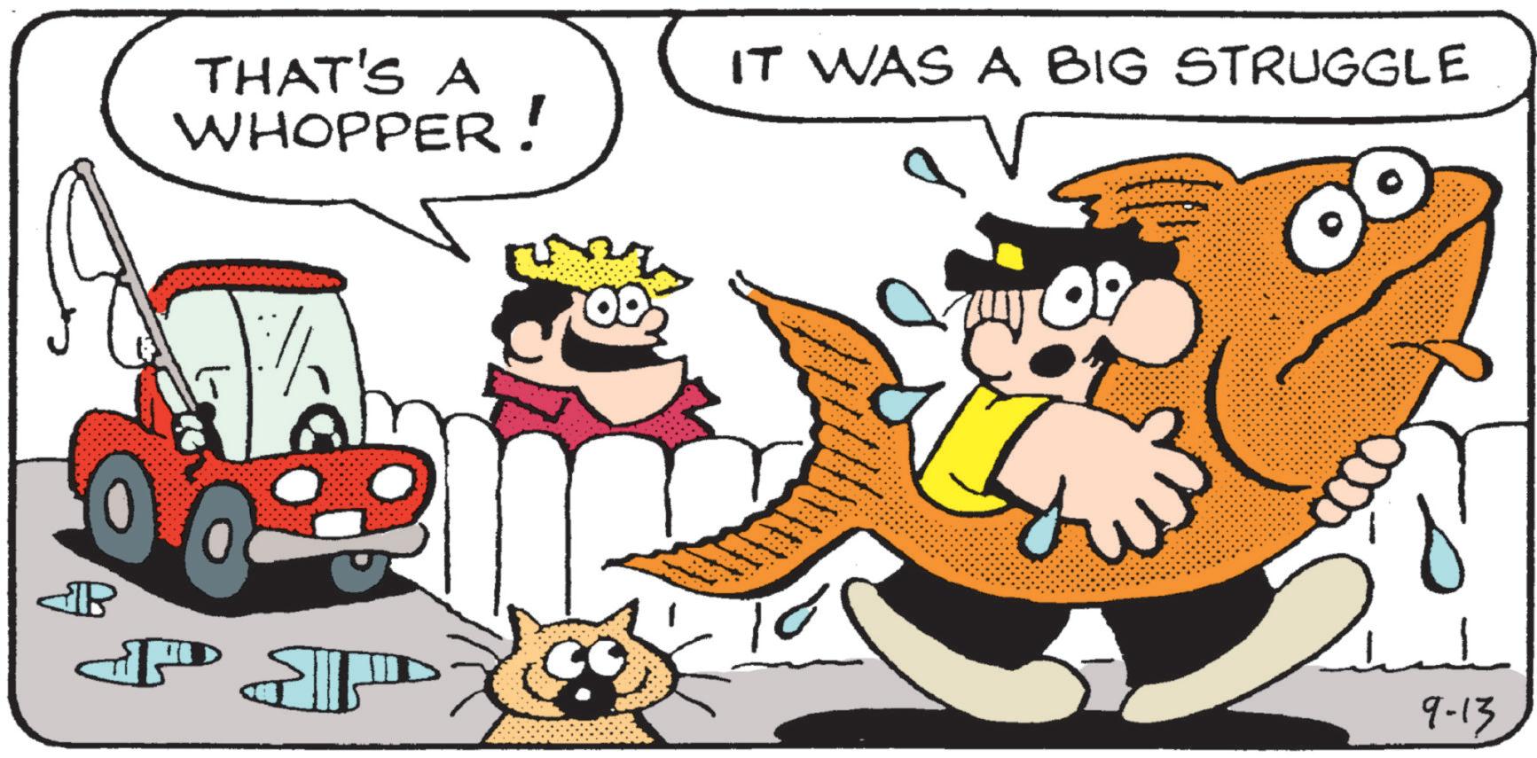 Fictional character OCR: P THAT'S A WHOPPER! IT WAS A BIG STRUGGLE 9-13 P THAT'S A WHOPPER ! IT WAS A BIG STRUGGLE 9-13