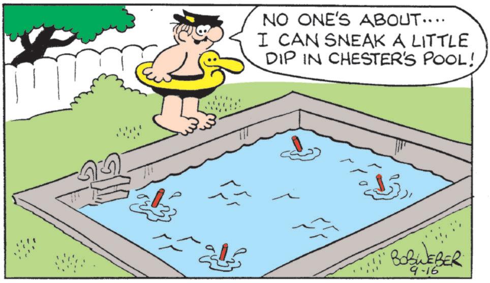 Animated cartoon OCR: NO ONE'S ABOUT…... I CAN SNEAK A LITTLE DIP IN CHESTER'S POOL! BOBWEBER 9-16 NO ONE'S ABOUT … ... I CAN SNEAK A LITTLE DIP IN CHESTER'S POOL ! BOBWEBER 9-16