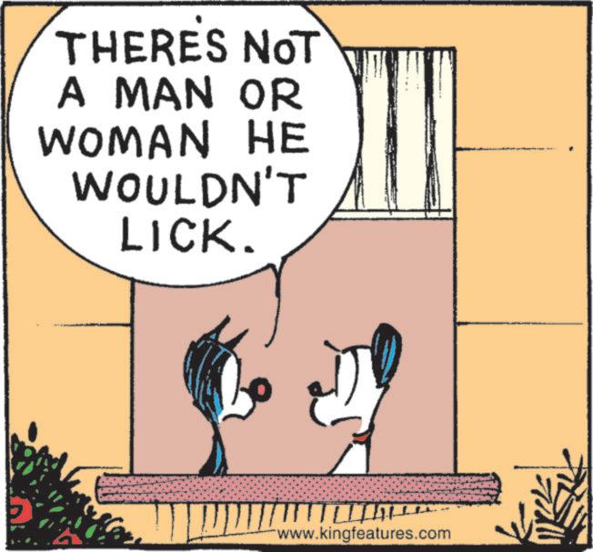 Fictional character OCR: THERES NOT A MAN OR WOMAN HE WOULDN'T LICK. 1/4 www.kingfeatures.com THERES NOT A MAN OR WOMAN HE WOULDN'T LICK . 1/4 www.kingfeatures.com