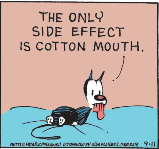 Clip art OCR: THE ONLY SIDE EFFECT IS COTTON MOUTH. MUTTS © PATRICK MYDONNE!!· DISTRIBUTED BY KING FEATURES SYNDICATE 9.11 THE ONLY SIDE EFFECT IS COTTON MOUTH . MUTTS © PATRICK MYDONNE !! · DISTRIBUTED BY KING FEATURES SYNDICATE 9.11