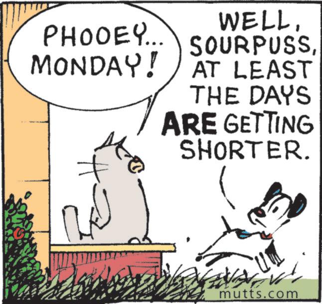 Paw OCR: PHOOEY.. MONDAY! a> WELLAT LEAST THE DAYS ARE GETTING SHORTER. mutts.com PHOOEY .. MONDAY ! a > WELLAT LEAST THE DAYS ARE GETTING SHORTER . mutts.com