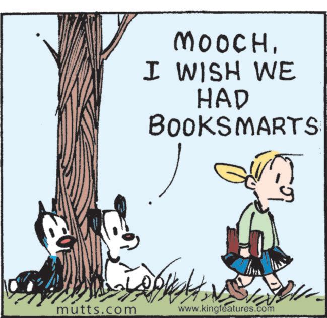 Animated cartoon OCR: MOOCHI WISH WE HAD BOOKSMARTS mutts.com www.kingfeatures.com MOOCHI WISH WE HAD BOOKSMARTS mutts.com www.kingfeatures.com
