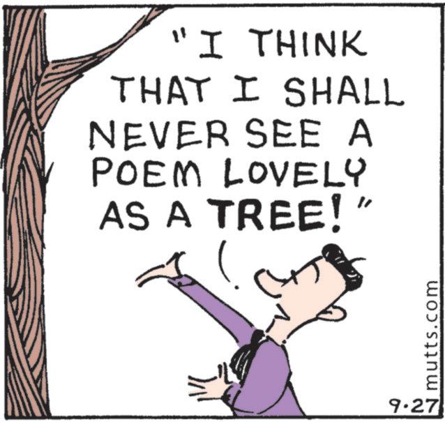 Photo caption OCR: "I THINK THAT I SHALL NEVER SEE A POEM LOVELY AS A TREE! " 9.27 mutts.com " I THINK THAT I SHALL NEVER SEE A POEM LOVELY AS A TREE ! " 9.27 mutts.com