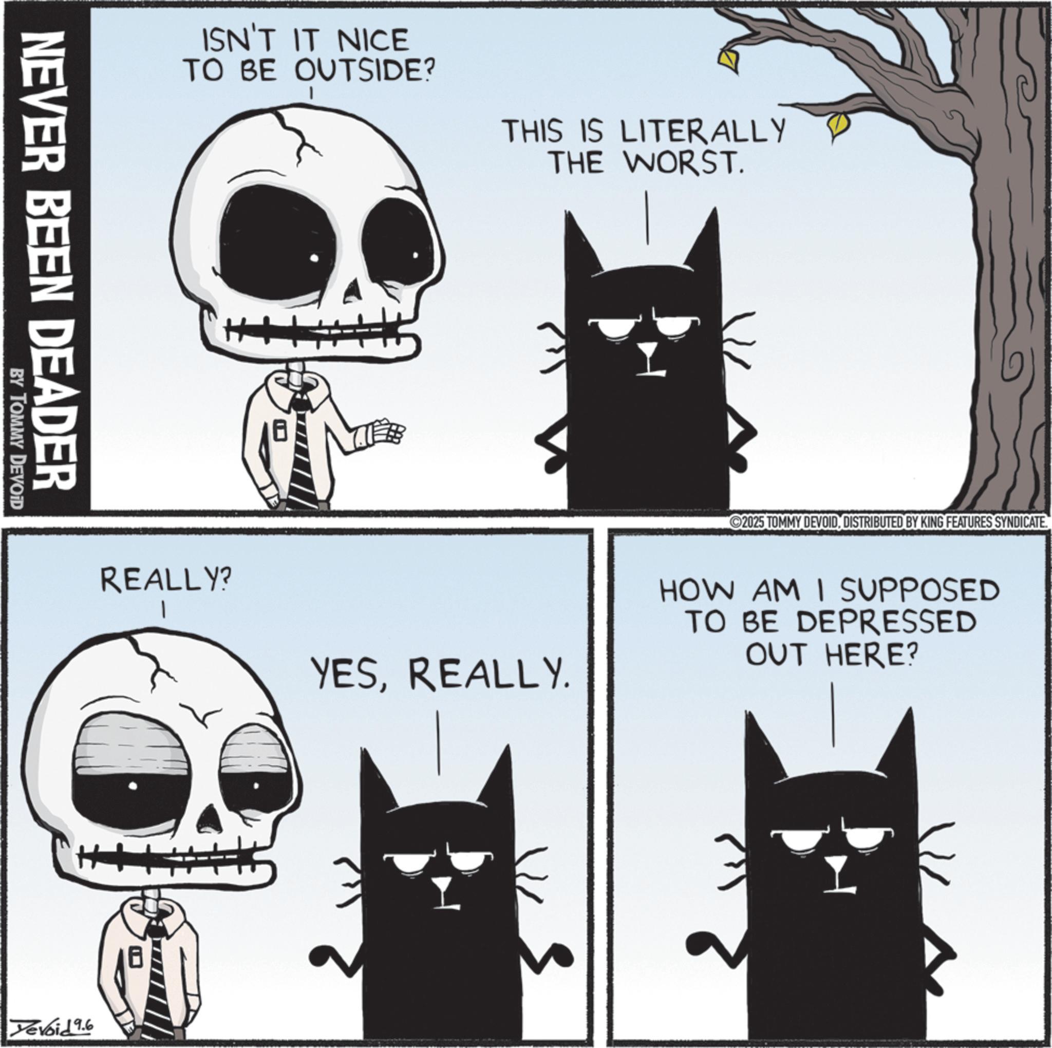 Animation OCR: ISN'T IT NICE TO BE OUTSIDE? THIS IS LITERALLY THE WORST. NEVER BEEN DEADER BY TOMMY DEVOID 2025 TOMMY DEVOIDDISTRIBUTED BY KING FEATURES SYNDICATE. REALLY? YESREALLY. HOW AM I SUPPOSED TO BE DEPRESSED OUT HERE? Xevoid 9.6 ISN'T IT NICE TO BE OUTSIDE ? THIS IS LITERALLY THE WORST . NEVER BEEN DEADER BY TOMMY DEVOID 2025 TOMMY DEVOIDDISTRIBUTED BY KING FEATURES SYNDICATE . REALLY ? YESREALLY . HOW AM I SUPPOSED TO BE DEPRESSED OUT HERE ? Xevoid 9.6