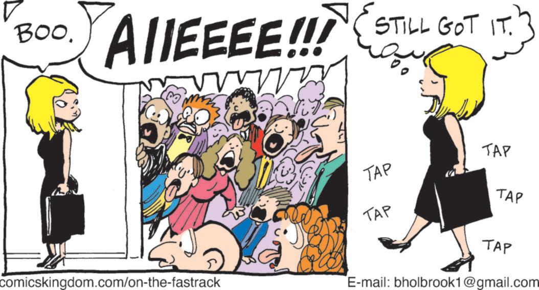 Animated cartoon OCR: BOO. AllEEEE!!! www STILL GOT IT. comicskingdom.com/on-the-fastrack TAP ??? TAP ??? TAP E-mail: bholbrook1@gmail.com BOO . AllEEEE !!! www STILL GOT IT . comicskingdom.com/on-the-fastrack TAP ??? TAP ??? TAP E - mail : bholbrook1@gmail.com