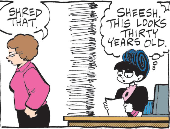 Fictional character OCR: SHRED THAT. 7 SHEESH. THIS LOOKS THIRTY YEARS OLD. SHRED THAT . 7 SHEESH . THIS LOOKS THIRTY YEARS OLD .