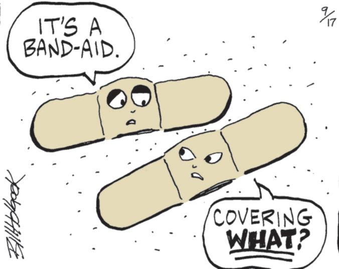 OCR: IT'S A BAND-AID. ??????? ? 17 COVERING WHAT? IT'S A BAND - AID . ??????? ? 17 COVERING WHAT ?