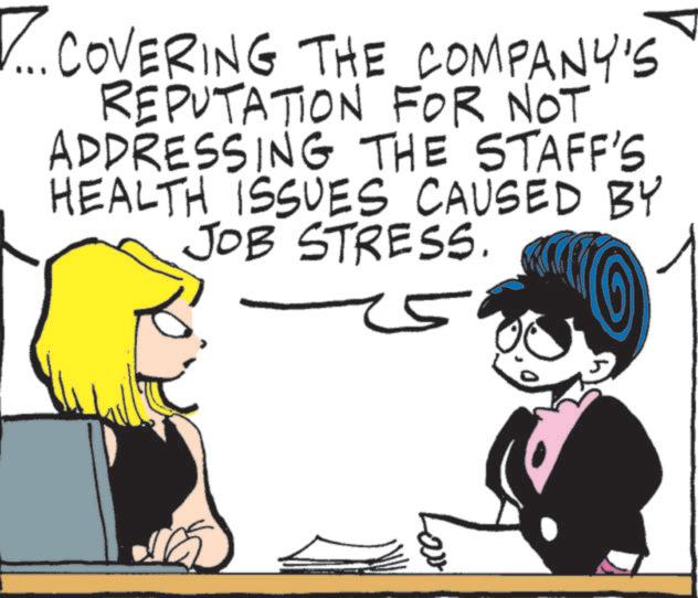 Line art OCR: ? COVERING THE COMPANY'S REPUTATION FOR NOT ADDRESSING THE STAFF'S HEALTH ISSUES CAUSED BY JOB STRESS. 25 5 ? COVERING THE COMPANY'S REPUTATION FOR NOT ADDRESSING THE STAFF'S HEALTH ISSUES CAUSED BY JOB STRESS . 25 5