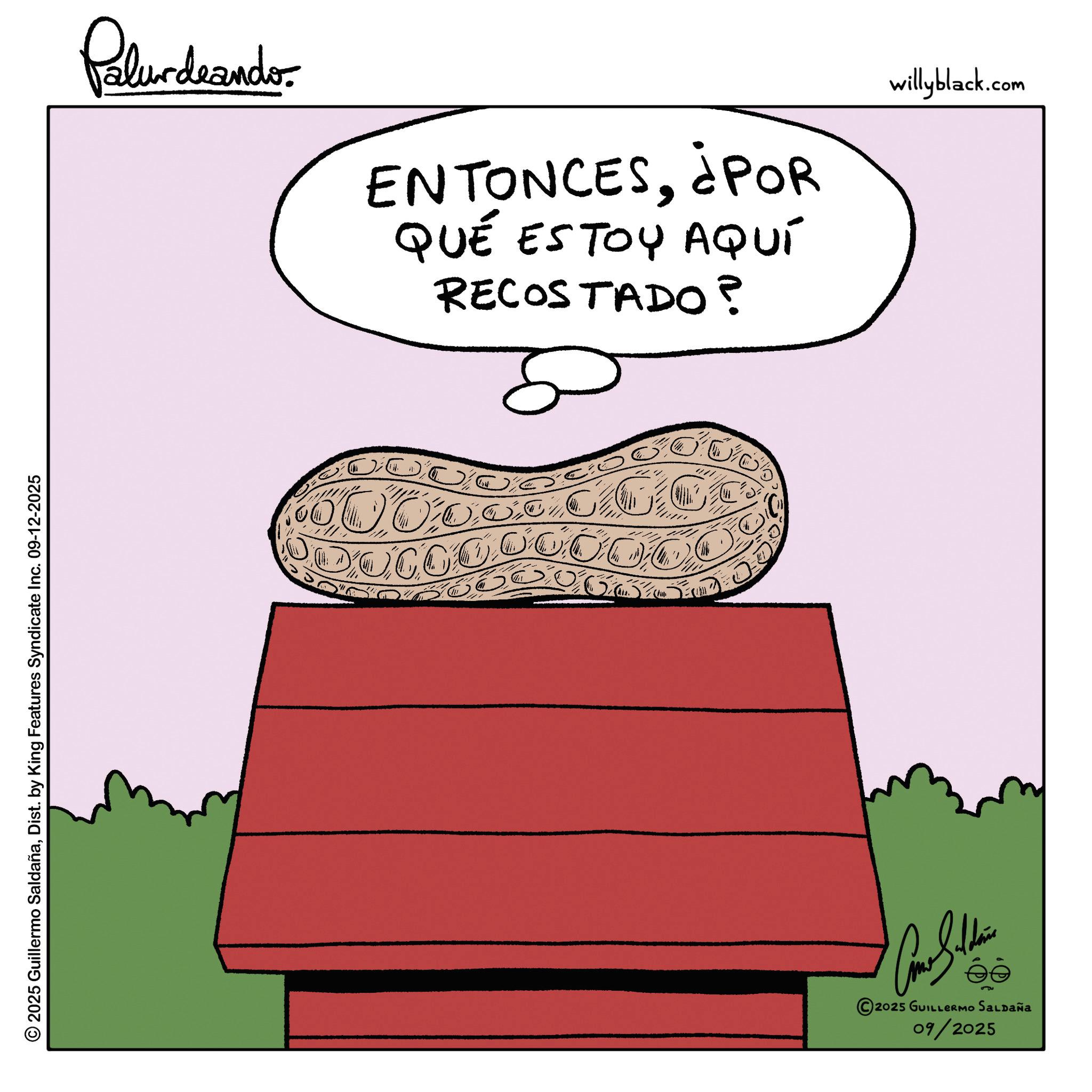 Meat OCR: © 2025 Guillermo SaldañaDist. by King Features Syndicate Inc. 09-12-2025 Palurdeando. ENTONCES¿POR QUÉ ESTOY AQUÍ RECOSTADO? 5 2 C C C C C C C willyblack.com 2025 GUILLERMO SALDAÑA 09/2025 © 2025 Guillermo SaldañaDist . by King Features Syndicate Inc. 09-12-2025 Palurdeando . ENTONCES¿ POR QUÉ ESTOY AQUÍ RECOSTADO ? 5 2 C C C C C C C willyblack.com 2025 GUILLERMO SALDAÑA 09/2025