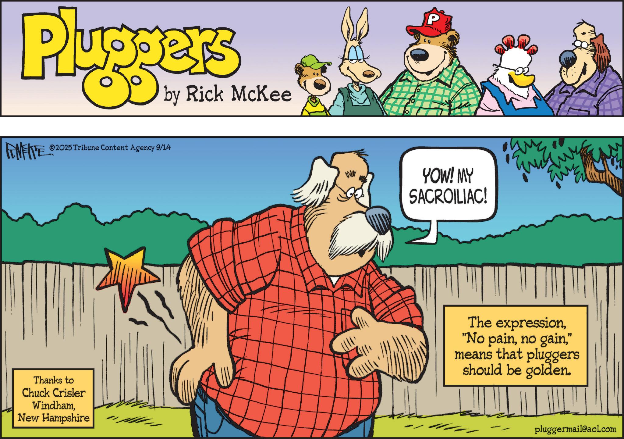 Fictional character OCR: Pluggers by Rick McKee ©2025 Tribune Content Agency 9/14 P YOW! MY SACROILIAC! Thanks to Chuck Crisler WindhamNew Hampshire The expression" means that pluggers should be golden. pluggermail@aol.com Pluggers by Rick McKee © 2025 Tribune Content Agency 9/14 P YOW ! MY SACROILIAC ! Thanks to Chuck Crisler WindhamNew Hampshire The expression" No painno gain" means that pluggers should be golden . pluggermail@aol.com