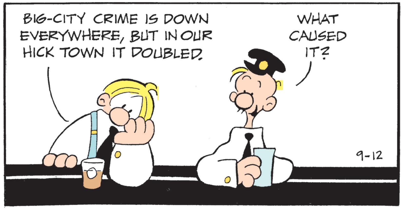 Animated cartoon OCR: BIG-CITY CRIME IS DOWN EVERYWHEREBUT IN OUR HICK TOWN IT DOUBLED. WHAT CAUSED ITZ 9-12 BIG - CITY CRIME IS DOWN EVERYWHEREBUT IN OUR HICK TOWN IT DOUBLED . WHAT CAUSED ITZ 9-12