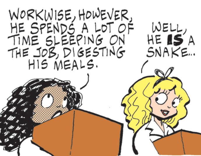 Photo caption OCR: WORKWISEHOWEVER HE SPENDS A LOT OF TIME SLEEPING ON THE JOBDIGESTING HIS MEALS. WELLHE IS A SNAKE... WORKWISEHOWEVER HE SPENDS A LOT OF TIME SLEEPING ON THE JOBDIGESTING HIS MEALS . WELLHE IS A SNAKE ...