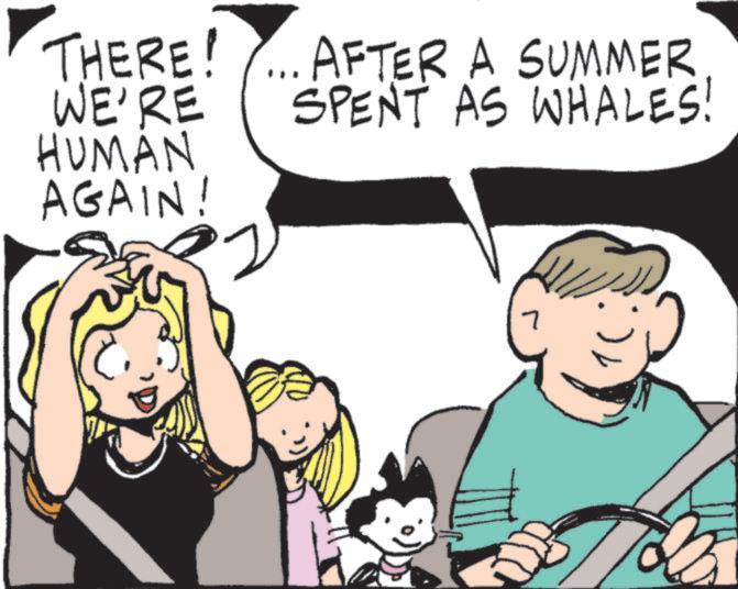 Photo caption OCR: THERE! WE'RE HUMAN AGAIN! ... AFTER A SUMMER SPENT AS WHALES! 7 THERE ! WE'RE HUMAN AGAIN ! ... AFTER A SUMMER SPENT AS WHALES ! 7
