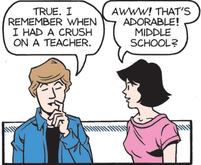 Photo caption OCR: 4 TRUE. I REMEMBER WHEN I HAD A CRUSH ON A TEACHER. AWWW! THAT'S ADORABLE! MIDDLE SCHOOL? 4 TRUE . I REMEMBER WHEN I HAD A CRUSH ON A TEACHER . AWWW ! THAT'S ADORABLE ! MIDDLE SCHOOL ?