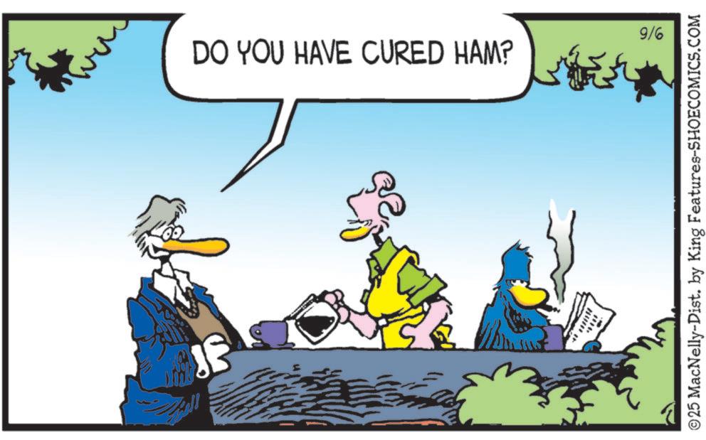 Bird OCR: 9/6 DO YOU HAVE CURED HAM? ©25 MacNelly-Dist. by King Features-SHOECOMICS.COM 9/6 DO YOU HAVE CURED HAM ? © 25 MacNelly - Dist . by King Features-SHOECOMICS.COM