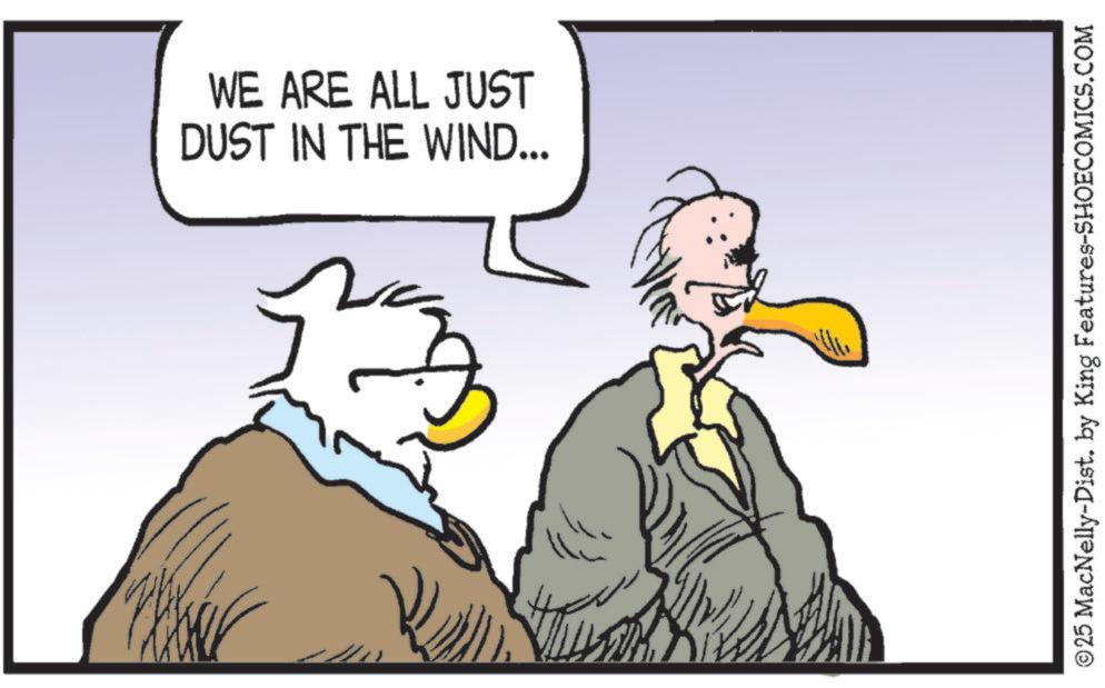 Feather OCR: WE ARE ALL JUST DUST IN THE WIND... © 25 MacNelly-Dist. by King Features-SHOECOMICS.COM WE ARE ALL JUST DUST IN THE WIND ... © 25 MacNelly - Dist . by King Features-SHOECOMICS.COM