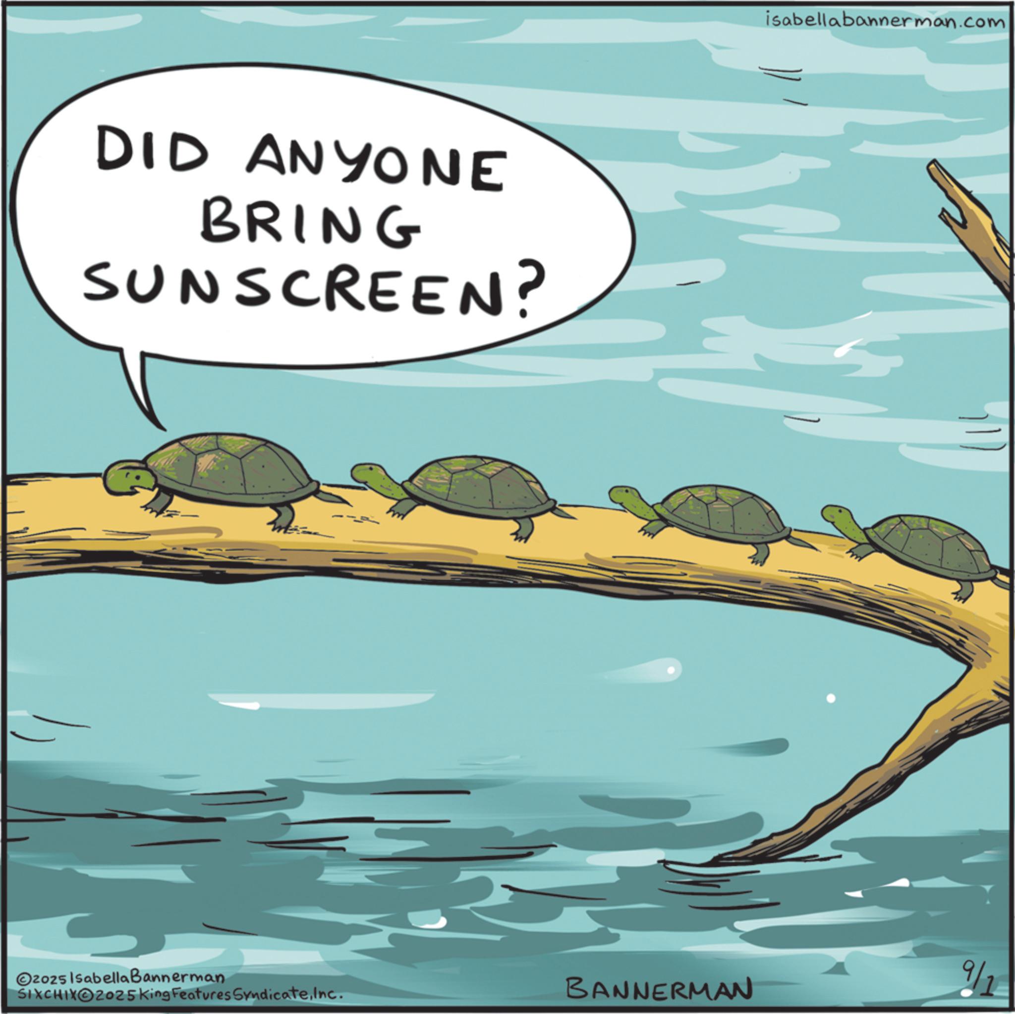 Gopher tortoises OCR: DID ANYONE BRING SUNSCREEN? isabellabannerman.com O2025 Isabella Bannerman SIXCHIXO2025 King Features SyndicateInc. BANNERMAN 9/1 DID ANYONE BRING SUNSCREEN ? isabellabannerman.com O2025 Isabella Bannerman SIXCHIXO2025 King Features SyndicateInc. BANNERMAN 9/1