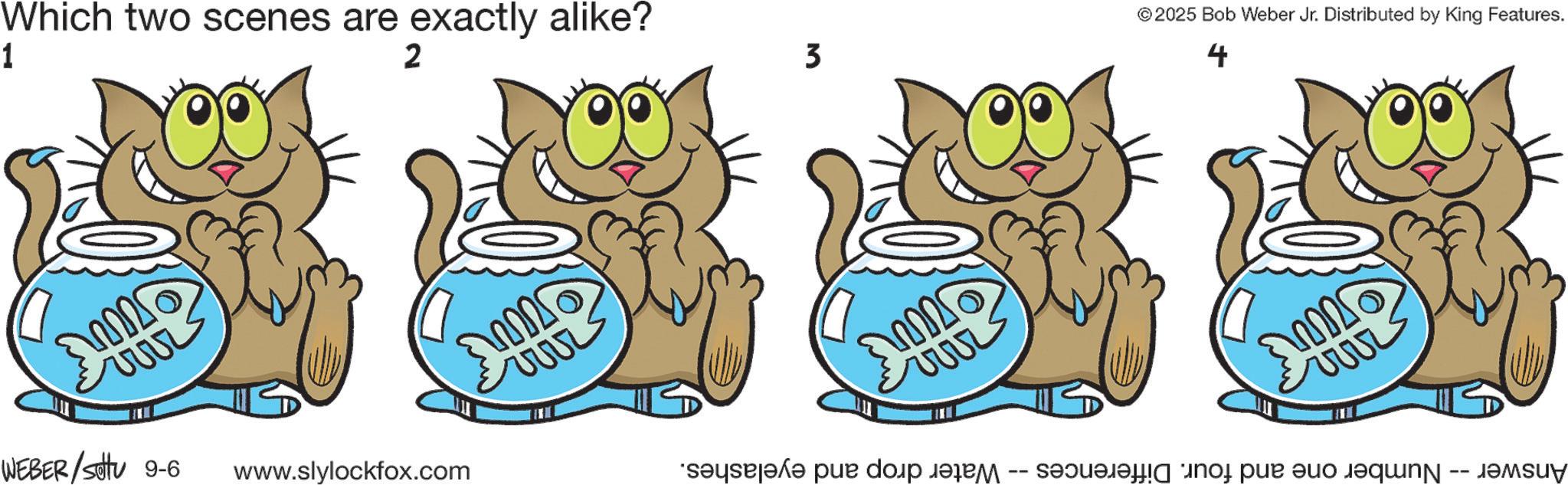 Line art OCR: Which two scenes are exactly alike? 1 2 SOOO WEBER/Sotu 9-6 www.slylockfox.com mo 3 ©2025 Bob Weber Jr. Distributed by King Features. 4 Answer · Number one and four. Differences -- Water drop and eyelashes. Which two scenes are exactly alike ? 1 2 SOOO WEBER / Sotu 9-6 www.slylockfox.com mo 3 © 2025 Bob Weber Jr. Distributed by King Features . 4 Answer · Number one and four . Differences -- Water drop and eyelashes .