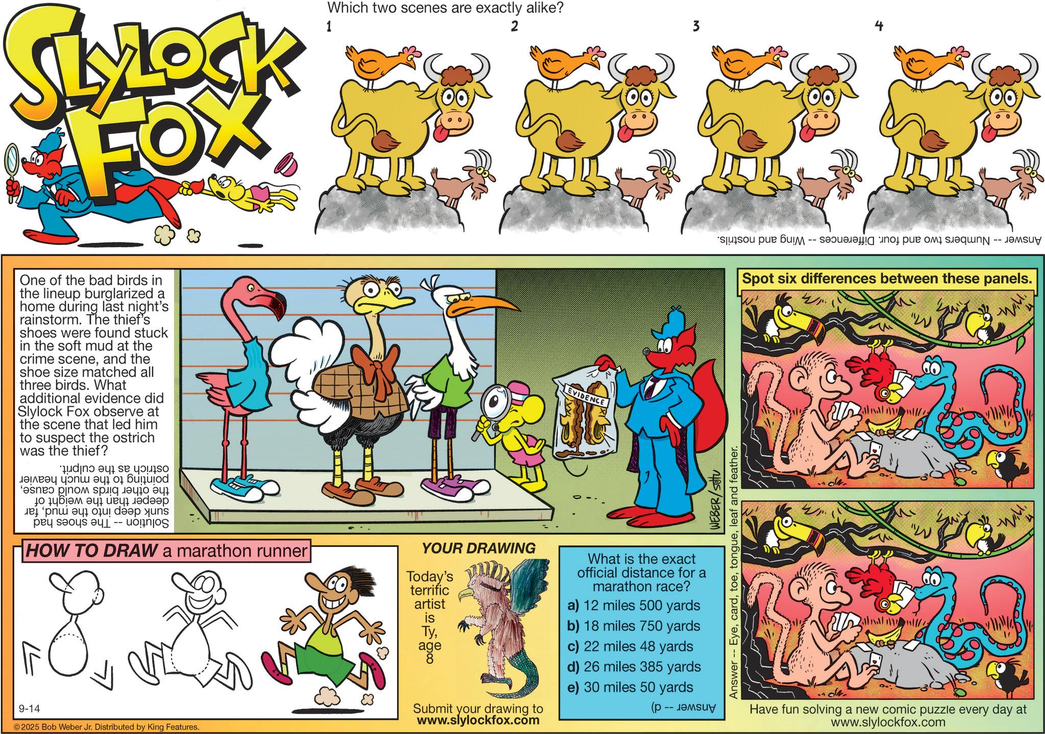 Comic book OCR: SLOCK FOX One of the bad birds in the lineup burglarized a home during last night's rainstorm. The thief's shoes were found stuck in the soft mud at the crime sceneand the shoe size matched all three birds. What additional evidence did Slylock Fox observe at the scene that led him to suspect the ostrich was the thief? a b c ????? ???? 06 ?????? spinq ??? ?? to be a ???? ?? ???? ?? a b -- HOW TO DRAW a marathon runner 8 9-14 ©2025 Bob Weber Jr. Distributed by King Features. 1 Which two scenes are exactly alike? 2 EVIDENCE WEBER/SOU Answer -- Eyeleaf and feather. YOUR DRAWING Today's terrific artist is Tyage Submit your drawing to www.slylockfox.com What is the exact official distance for a marathon race? a) 12 miles 500 yards b) 18 miles 750 yards c) 22 miles 48 yards d) 26 miles 385 yards e) 30 miles 50 yards ( -- -- Spot six differences between these panels. "W dari Have fun solving a new comic puzzle every day at www.slylockfox.com SLOCK FOX One of the bad birds in the lineup burglarized a home during last night's rainstorm . The thief's shoes were found stuck in the soft mud at the crime sceneand the shoe size matched all three birds . What additional evidence did Slylock Fox observe at the scene that led him to suspect the ostrich was the thief ? a b c ????? ???? 06 ?????? spinq ??? ?? to be a ???? ?? ???? ?? a b -- HOW TO DRAW a marathon runner 8 9-14 © 2025 Bob Weber Jr. Distributed by King Features . 1 Which two scenes are exactly alike ? 2 EVIDENCE WEBER / SOU Answer -- Eyeleaf and feather . YOUR DRAWING Today's terrific artist is Tyage Submit your drawing to www.slylockfox.com What is the exact official distance for a marathon race ? a ) 12 miles 500 yards b ) 18 miles 750 yards c ) 22 miles 48 yards d ) 26 miles 385 yards e ) 30 miles 50 yards ( -- -- Spot six differences between these panels . " W dari Have fun solving a new comic puzzle every day at www.slylockfox.com