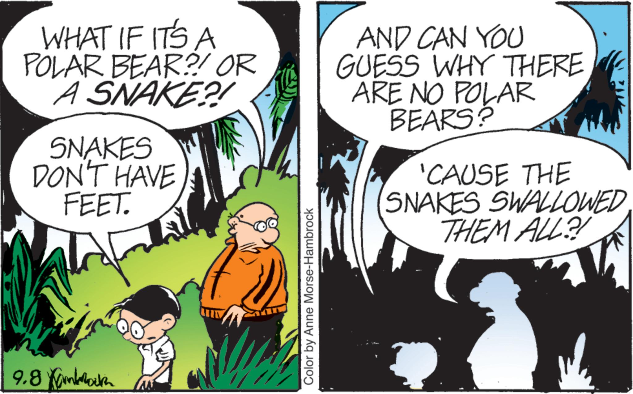 Photo caption OCR: 9.8 b WHAT IF IT'S A POLAR BEAR?! OR A SNAKE?! SNAKES DON'T HAVE FEET. AND CAN YOU GUESS WHY THERE ARE NO POLAR BEARS? 'CAUSE THE SNAKES SWALLOWED THEM ALL?! Color by Anne Morse-Hambrock 9.8 b WHAT IF IT'S A POLAR BEAR ?! OR A SNAKE ?! SNAKES DON'T HAVE FEET . AND CAN YOU GUESS WHY THERE ARE NO POLAR BEARS ? ' CAUSE THE SNAKES SWALLOWED THEM ALL ?! Color by Anne Morse - Hambrock
