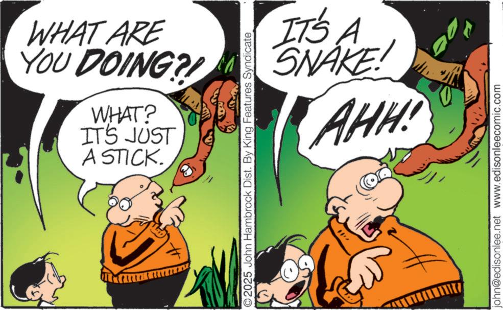 Publication OCR: WHAT ARE YOU DOING?! WHAT? IT'S JUST A STICK. O2025 John Hambrock Dist. By King Features Syndicate IT'S A AHH! john@edisonlee.net www.edisonleecomic.com WHAT ARE YOU DOING ?! WHAT ? IT'S JUST A STICK . O2025 John Hambrock Dist . By King Features Syndicate IT'S A AHH ! john@edisonlee.net www.edisonleecomic.com