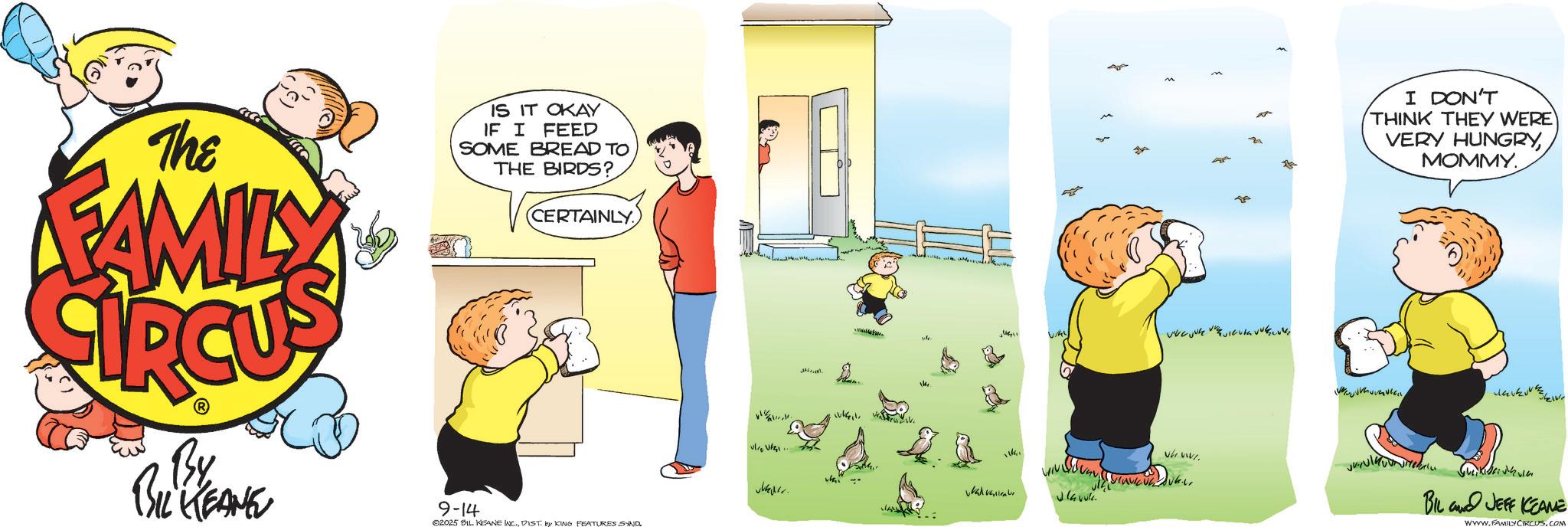 Publication OCR: The FAMILY IS IT OKAY IF I FEED SOME BREAD TO THE BIRDS? CERTAINLY. By BIL KEANE 9-14 02025 BIL KEANE INC.DIST. by KING FEATURES SYND ? ???? ?? ???? UAY ". Wavebr Javuk I DON'T THINK THEY WERE VERY HUNGRYMOMMY who www. BIL JEFF KEANE www.FAMILY CIRCUS.COM The FAMILY IS IT OKAY IF I FEED SOME BREAD TO THE BIRDS ? CERTAINLY . By BIL KEANE 9-14 02025 BIL KEANE INC .DIST . by KING FEATURES SYND ? ???? ?? ???? UAY " . Wavebr Javuk I DON'T THINK THEY WERE VERY HUNGRYMOMMY who www . BIL JEFF KEANE www.FAMILY CIRCUS.COM