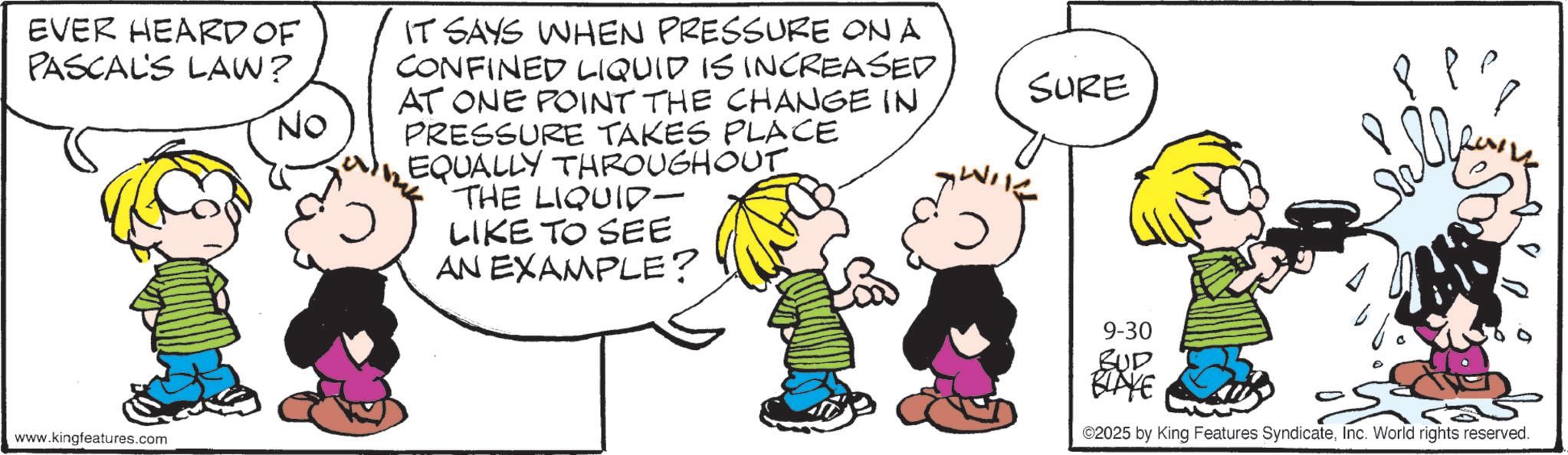 Animated cartoon OCR: EVER HEARD OF PASCAL'S LAW? No www.kingfeatures.com IT SAYS WHEN PRESSURE ON A CONFINED LIQUID IS INCREASED AT ONE POINT THE CHANGE IN PRESSURE TAKES PLACE EQUALLY THROUGHOUT THE LIQUID- LIKE TO SEE AN EXAMPLE? SURE 9-30 BUD BLAYE ©2025 by King Features SyndicateInc. World rights reserved. EVER HEARD OF PASCAL'S LAW ? No www.kingfeatures.com IT SAYS WHEN PRESSURE ON A CONFINED LIQUID IS INCREASED AT ONE POINT THE CHANGE IN PRESSURE TAKES PLACE EQUALLY THROUGHOUT THE LIQUID- LIKE TO SEE AN EXAMPLE ? SURE 9-30 BUD BLAYE © 2025 by King Features SyndicateInc. World rights reserved .