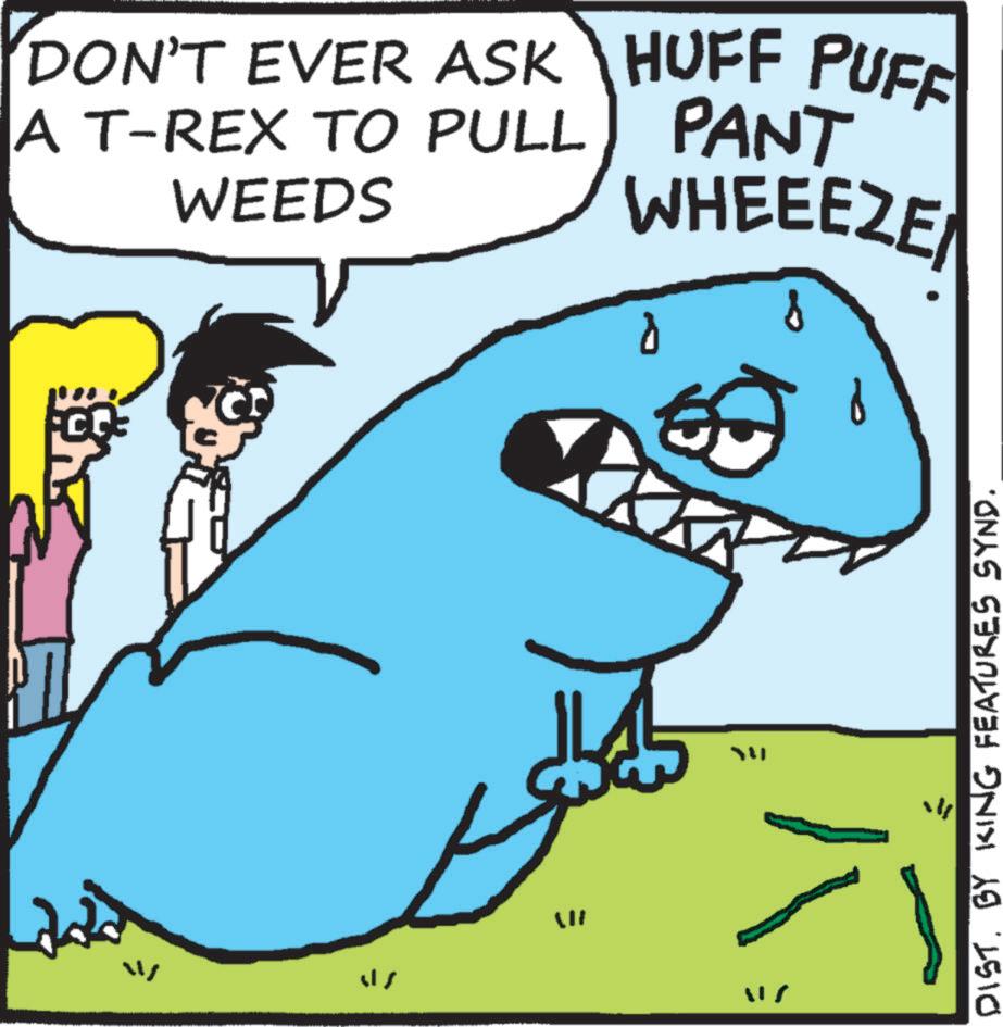 Fish OCR: DON'T EVER ASK A T-REX TO PULL WEEDS HUFF PUFF PANT WHEEEZE ? ?? 117 SU DIST. BY KING FEATURES SYND. DON'T EVER ASK A T - REX TO PULL WEEDS HUFF PUFF PANT WHEEEZE ? ? ? 117 SU DIST . BY KING FEATURES SYND .