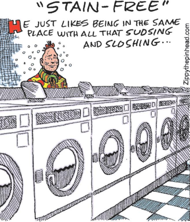 Illustration OCR: THE "STAIN-FREE" E JUST LIKES BEING IN THE SAME PLACE WITH ALL THAT SUDSING AND SLOSHING... Zippythepinhead.com THE " STAIN - FREE " E JUST LIKES BEING IN THE SAME PLACE WITH ALL THAT SUDSING AND SLOSHING ... Zippythepinhead.com