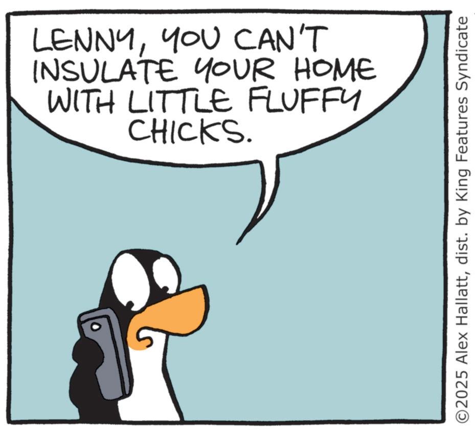 Photo caption OCR: LENNYYOU CAN'T INSULATE YOUR HOME WITH LITTLE FLUFFY CHICKS. ©2025 Alex Hallattdist. by King Features Syndicate LENNYYOU CAN'T INSULATE YOUR HOME WITH LITTLE FLUFFY CHICKS . © 2025 Alex Hallattdist . by King Features Syndicate