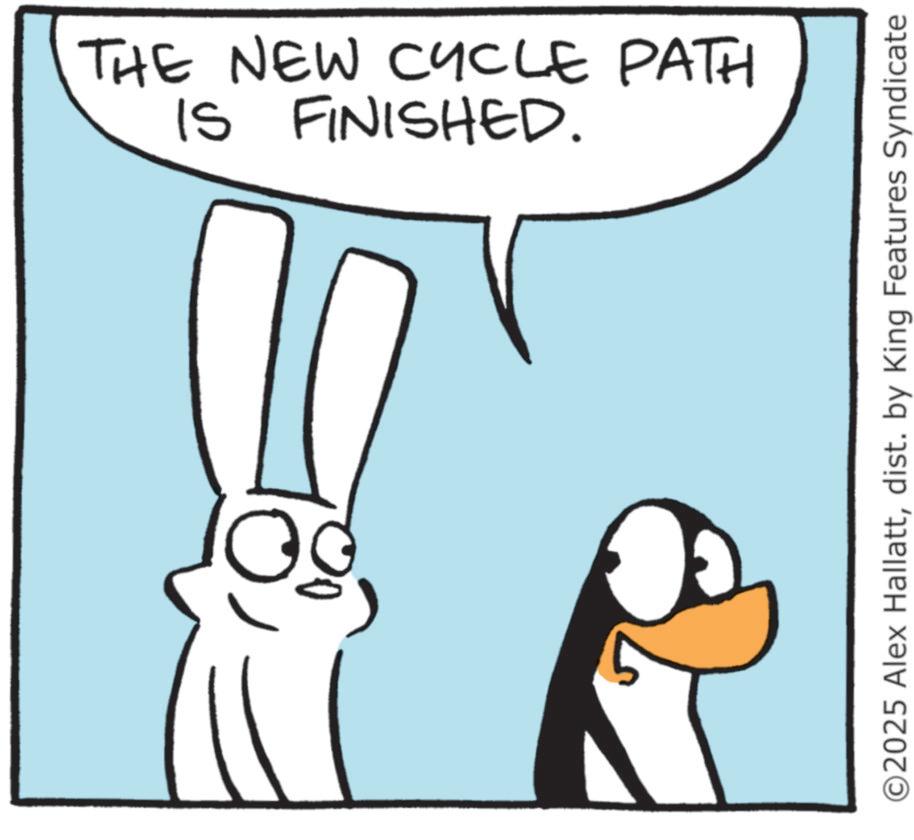 Line art OCR: IS FINISHED. THE NEW CYCLE PATH ©2025 Alex Hallattdist. by King Features Syndicate IS FINISHED . THE NEW CYCLE PATH © 2025 Alex Hallattdist . by King Features Syndicate