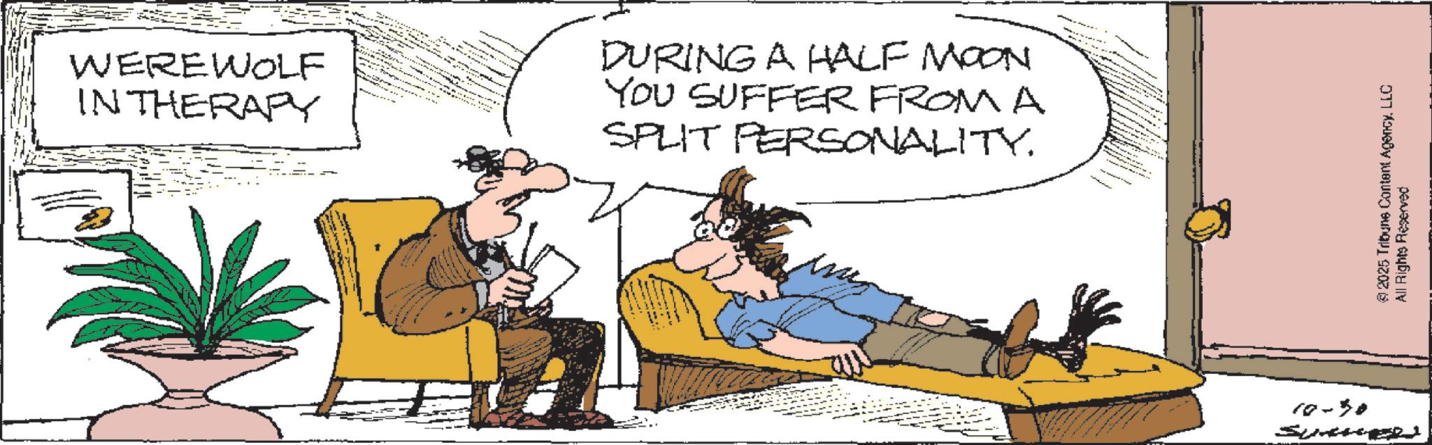 Photo caption OCR: WEREWOLF IN THERAPY DURING A HALF MOON YOU SUFFER FROM A SPLIT PERSONALITY. 10-30 ©2025 Tribune Content AgencyLLC All Rights Reserved WEREWOLF IN THERAPY DURING A HALF MOON YOU SUFFER FROM A SPLIT PERSONALITY . 10-30 © 2025 Tribune Content AgencyLLC All Rights Reserved