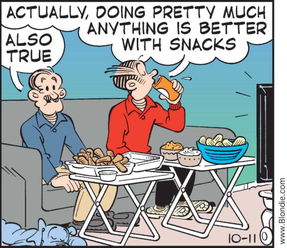 Food group OCR: ACTUALLYDOING PRETTY MUCH ALSO TRUE ANYTHING IS BETTER WITH SNACKS ? 10-110 www.Blondie.com ACTUALLYDOING PRETTY MUCH ALSO TRUE ANYTHING IS BETTER WITH SNACKS ? 10-110 www.Blondie.com