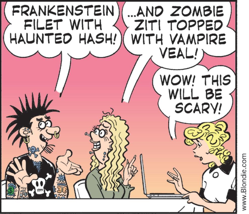 Photo caption OCR: FRANKENSTEIN FILET WITH HAUNTED HASH! 000 AND ZOMBIE ZITI TOPPED WITH VAMPIRE VEAL! WOW! THIS WILL BE SCARY! www.Blondie.com FRANKENSTEIN FILET WITH HAUNTED HASH ! 000 AND ZOMBIE ZITI TOPPED WITH VAMPIRE VEAL ! WOW ! THIS WILL BE SCARY ! www.Blondie.com
