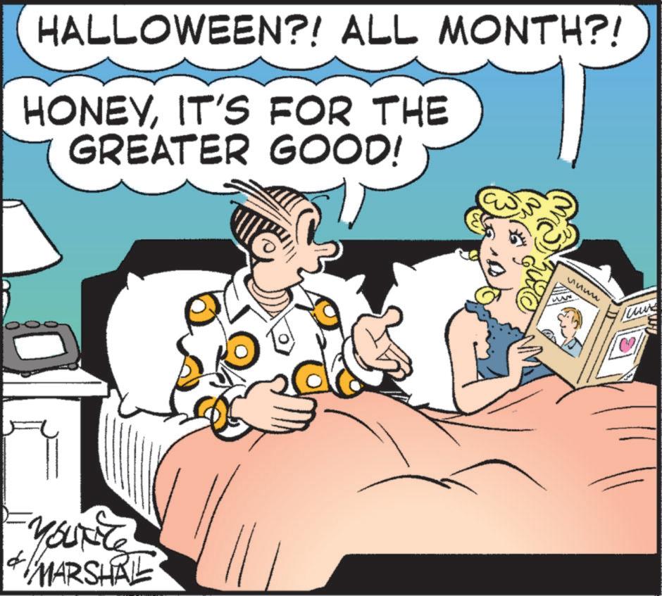 Comic book OCR: HALLOWEEN?! ALL MONTH?! HONEYIT'S FOR THE GREATER GOOD! f YOURCE MARSHAL nuww HALLOWEEN ?! ALL MONTH ?! HONEYIT'S FOR THE GREATER GOOD ! f YOURCE MARSHAL nuww