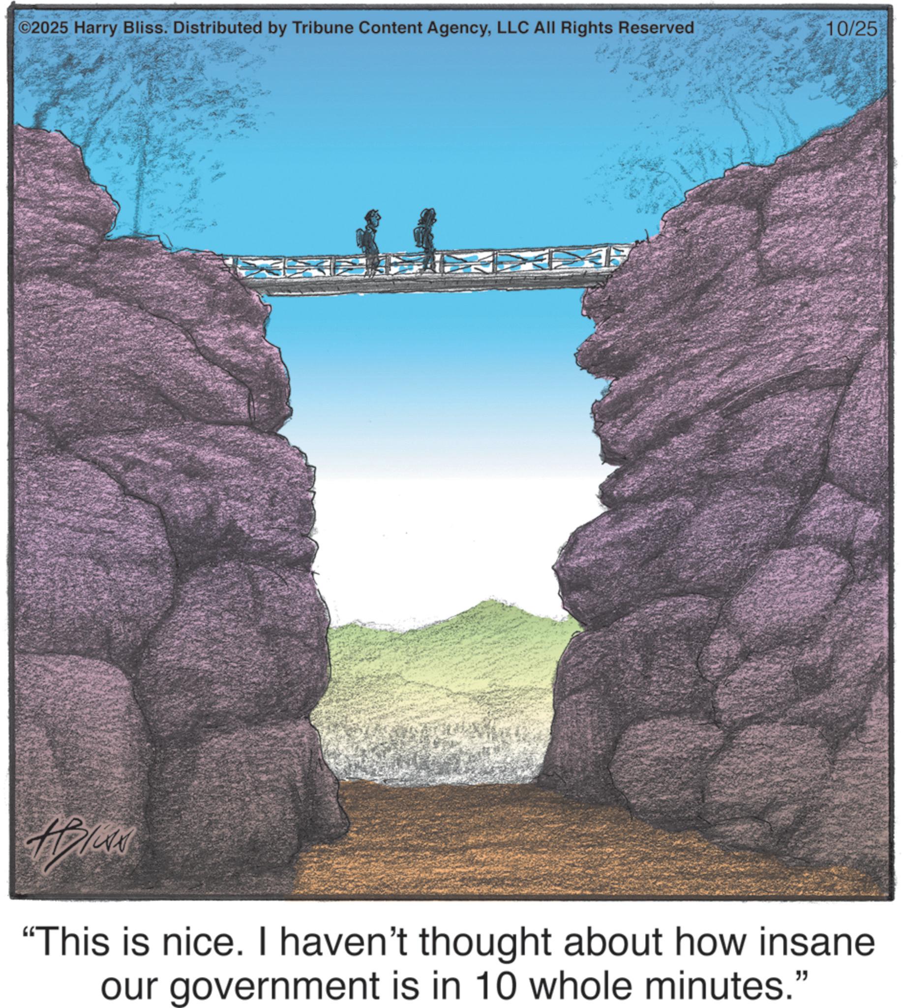 Fiction OCR: ©2025 Harry Bliss. Distributed by Tribune Content AgencyLLC All Rights Reserved 10/25 "This is nice. I haven't thought about how insane our government is in 10 whole minutes." © 2025 Harry Bliss . Distributed by Tribune Content AgencyLLC All Rights Reserved 10/25 " This is nice . I haven't thought about how insane our government is in 10 whole minutes . "