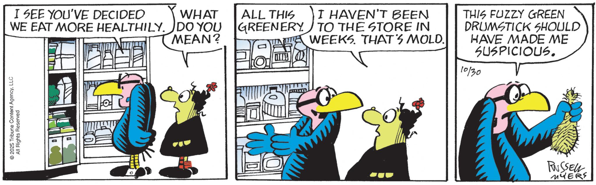 Beak OCR: 2025 Tribune Content AgencyLLC All Rights Reserved I SEE YOU'VE DECIDED WHAT WE EAT MORE HEALTHILY. DO YOU MEAN? ALL THIS I HAVEN'T BEEN GREENERY TO THE STORE IN E WEEKS. THAT'S MOLD. THIS FUZZY GREEN DRUMSTICK SHOULD HAVE MADE ME SUSPICIOUS. 10/30 RUSSELL MYERS 2025 Tribune Content AgencyLLC All Rights Reserved I SEE YOU'VE DECIDED WHAT WE EAT MORE HEALTHILY . DO YOU MEAN ? ALL THIS I HAVEN'T BEEN GREENERY TO THE STORE IN E WEEKS . THAT'S MOLD . THIS FUZZY GREEN DRUMSTICK SHOULD HAVE MADE ME SUSPICIOUS . 10/30 RUSSELL MYERS