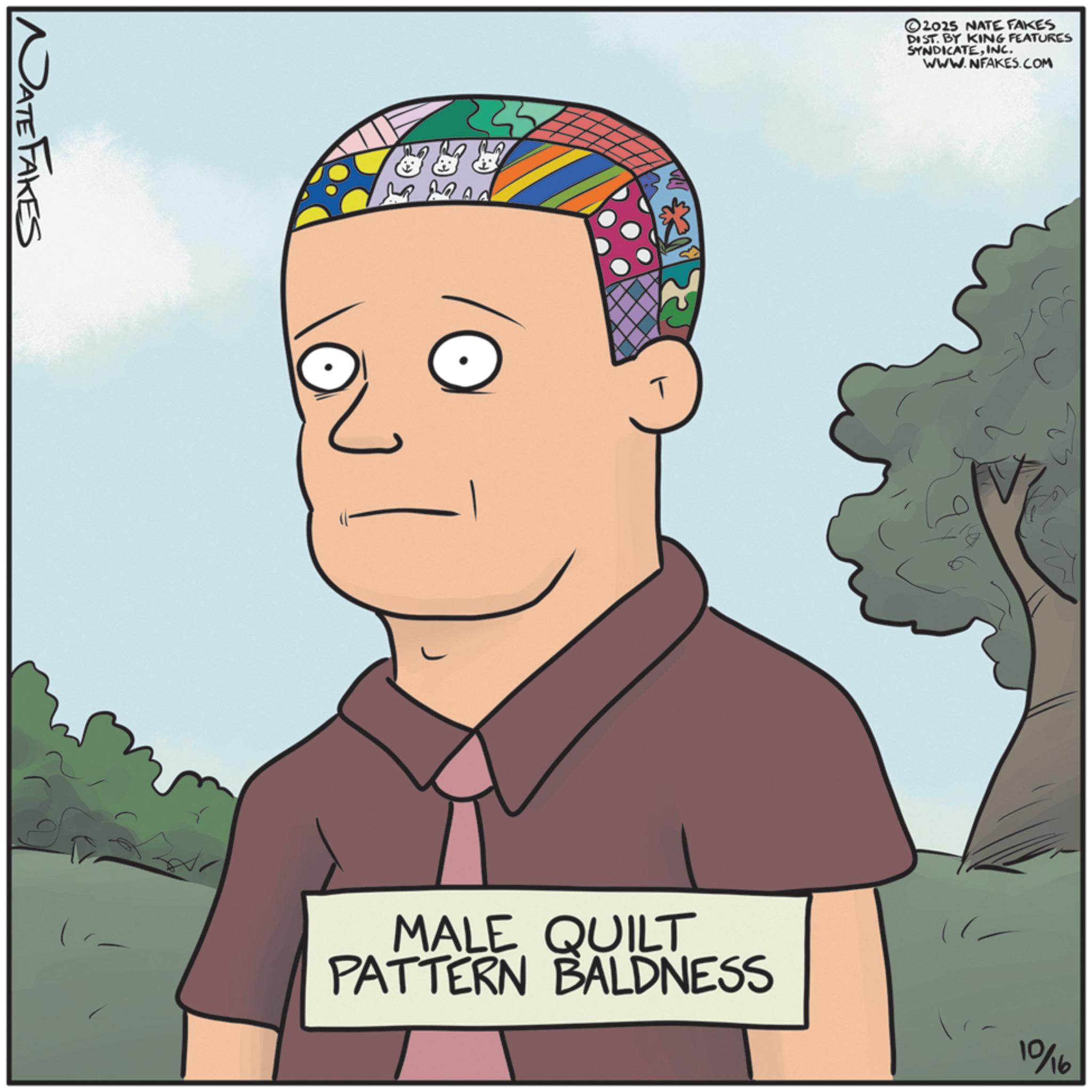 Animation OCR: DATE FAKES T ©2015 NATE FAKES DIST. BY KING FEATURES SYNDICATEINC. WWW.NFAKES.COM MALE QUILT PATTERN BALDNESS 10/16 DATE FAKES T © 2015 NATE FAKES DIST . BY KING FEATURES SYNDICATEINC . WWW.NFAKES.COM MALE QUILT PATTERN BALDNESS 10/16