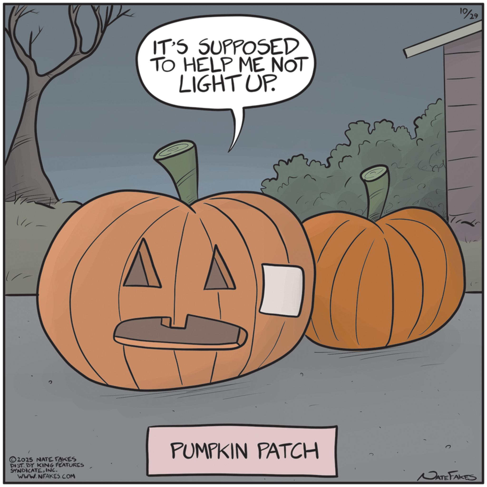 Gourd OCR: //- IT'S SUPPOSED TO HELP ME NOT LIGHT UP. ©2025 NATE FAKES DIST. BY KING FEATURES SYNDICATEINC. WWW.NFAKES.COM PUMPKIN PATCH 10/29 NATE FAKES // - IT'S SUPPOSED TO HELP ME NOT LIGHT UP . © 2025 NATE FAKES DIST . BY KING FEATURES SYNDICATEINC . WWW.NFAKES.COM PUMPKIN PATCH 10/29 NATE FAKES