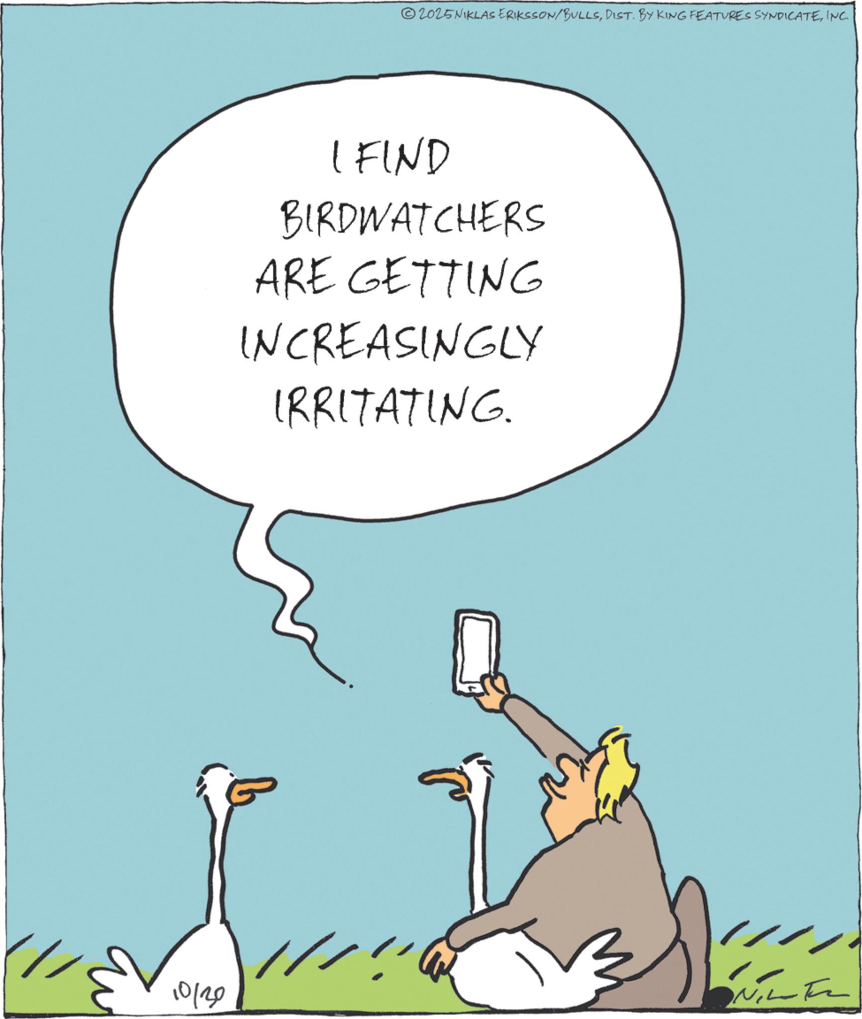 Photo caption OCR: 10/30 2025NIKLAS ERIKSSON/BULLSINC. LFIND BIRDWATCHERS ARE GETTING INCREASINGLY IRRITATING. 10/30 2025NIKLAS ERIKSSON / BULLSDIST . BY KING FEATURES SYNDICATEINC . LFIND BIRDWATCHERS ARE GETTING INCREASINGLY IRRITATING .