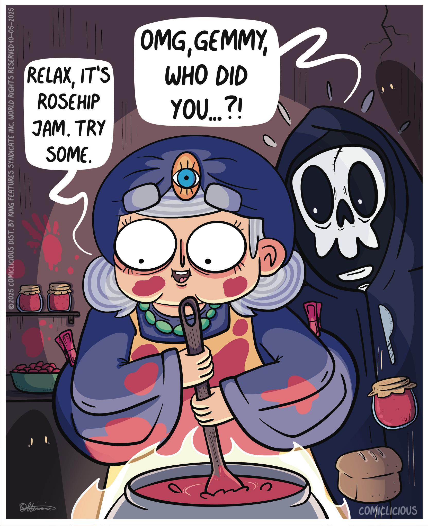 CG artwork OCR: RELAXIT'S ROSEHIP JAM. TRY SOME. 2025 COMICLICIOUS DIST. BY KING FEATURES SYNDICATE INC. WORLD RIGHTS RESERVED 10-05-2025 OMGWHO DID YOU...?! Officia COMICLICIOUS RELAXIT'S ROSEHIP JAM . TRY SOME . 2025 COMICLICIOUS DIST . BY KING FEATURES SYNDICATE INC . WORLD RIGHTS RESERVED 10-05-2025 OMGWHO DID YOU ... ? ! Officia COMICLICIOUS
